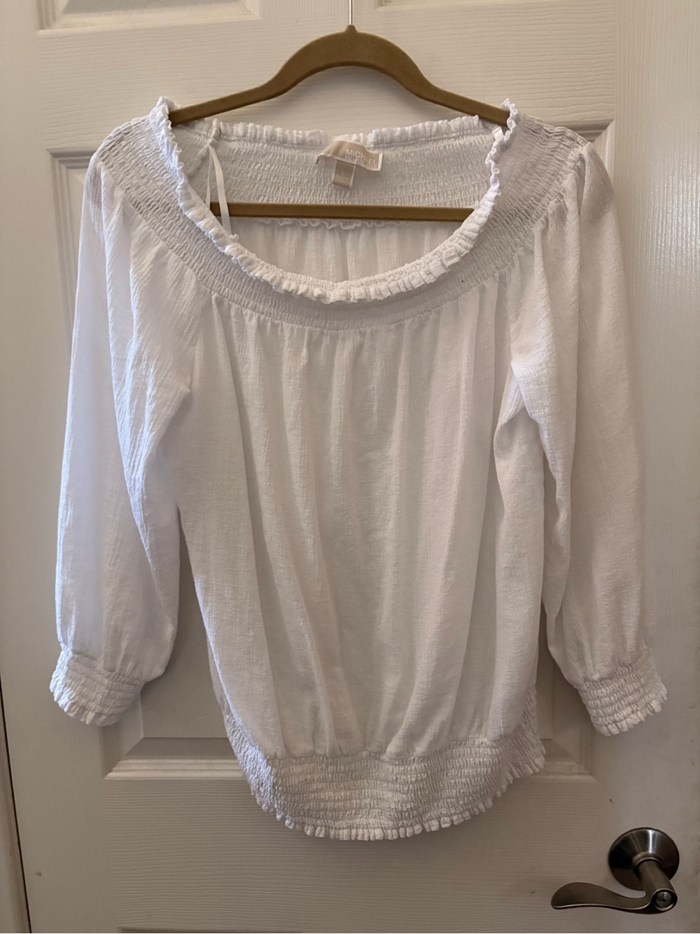 Michael Kors White Off-The-Shoulder Smocked Blouse